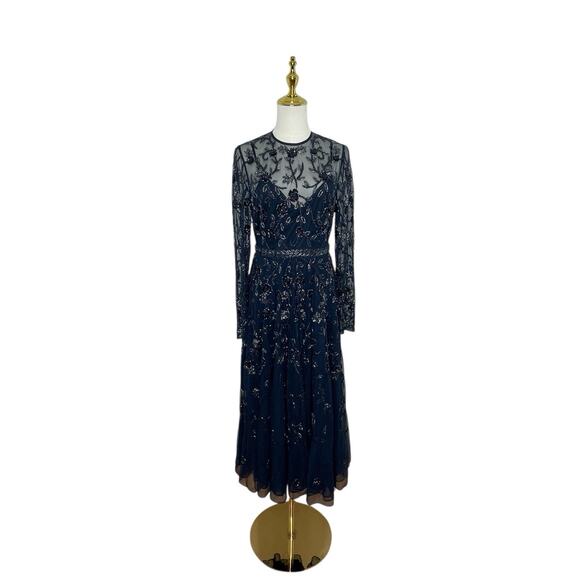 Mac Duggal 10799 Navy Beaded Illusion High Neck Long Sleeve Dress Size 6 $398 - Picture 5 of 10